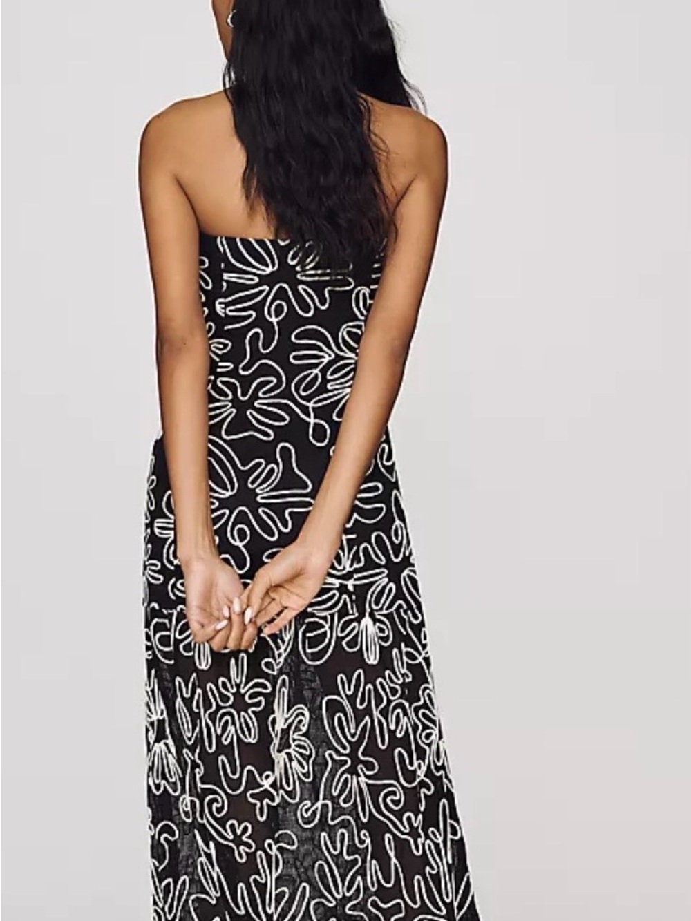 LOFT Black Strapless Midi Dress White Tropical Line Embroidered Print NWT - Picture 2 of 7